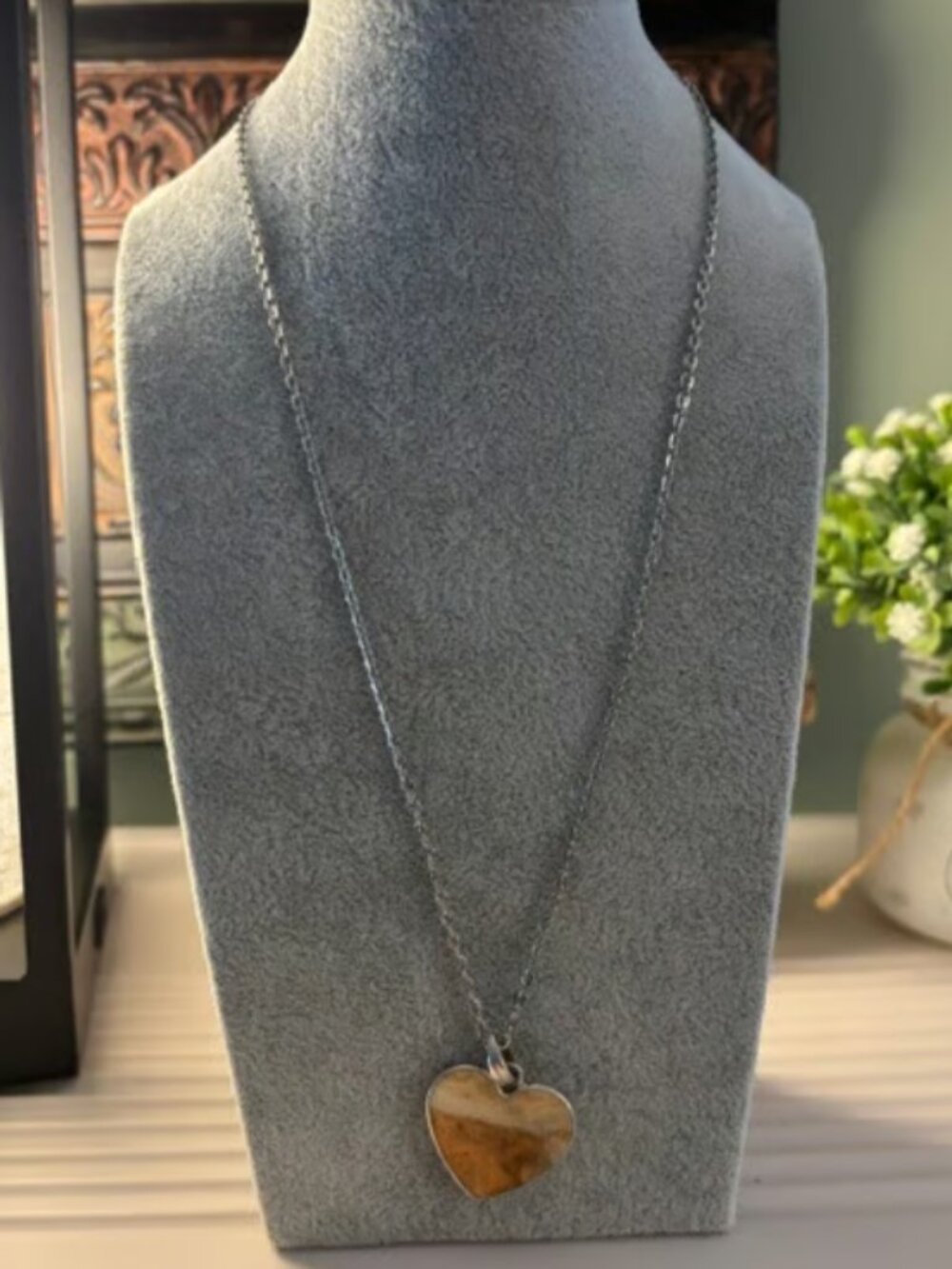 Coral Jasper Heart on 925 Sterling Silver Necklace